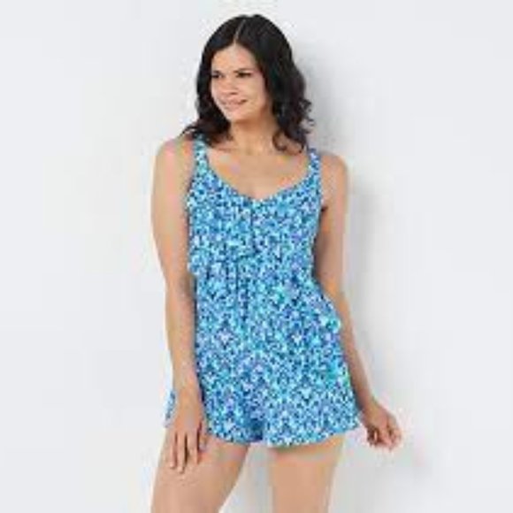 NWT $118 Fit 4 U Diagonal Ruffle Romper Blue - Picture 1 of 4
